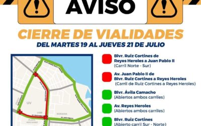 Cierre vial en el bulevar Ruiz Cortines  y Juan Pablo II de Boca del Río por trabajos de la CAB