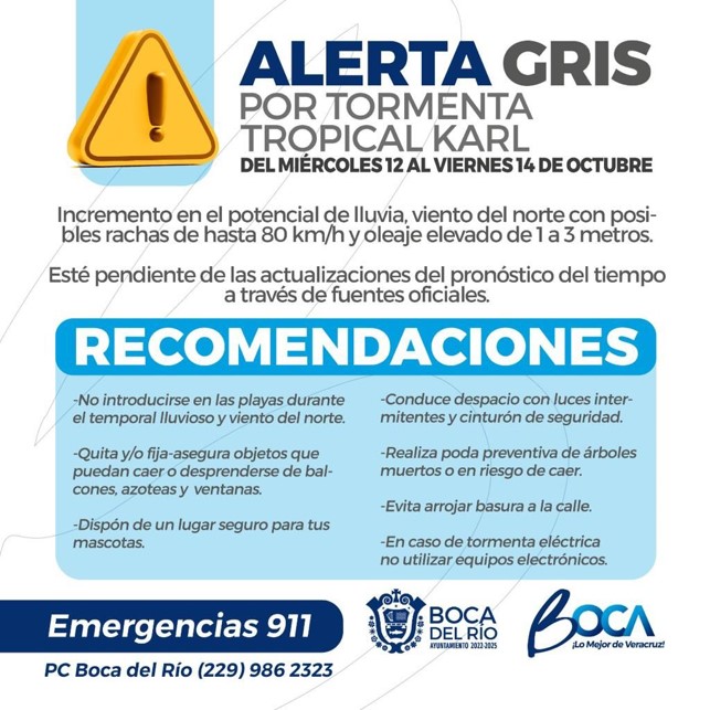 Protección Civil de Boca del Río replica alerta gris por Tormenta Tropical “Karl”